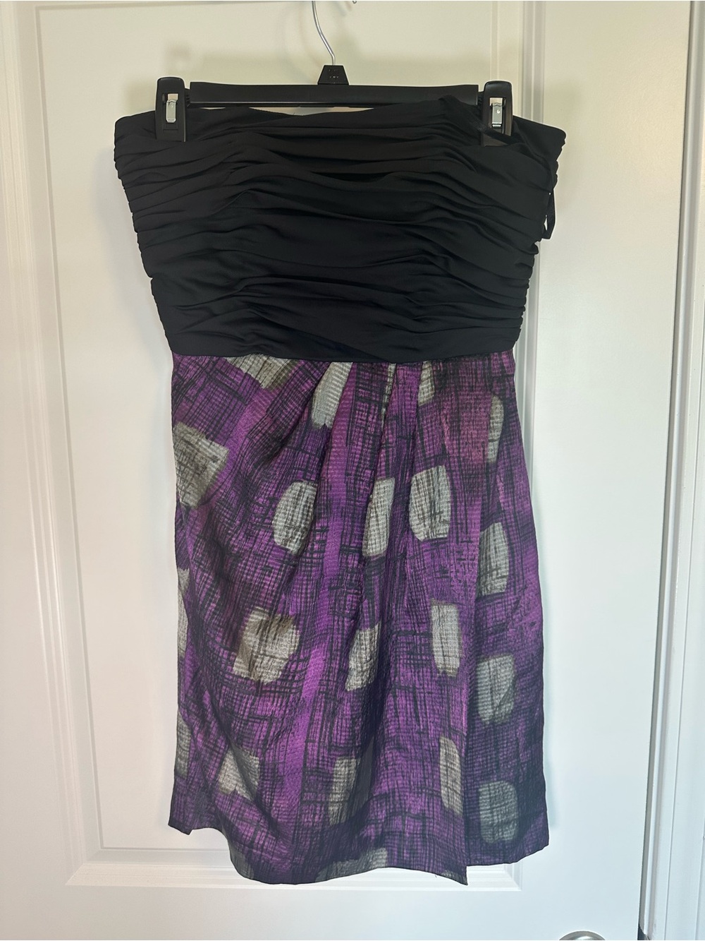 Max and Cleo Strapless Ruched Bodice Purple Print Dress
